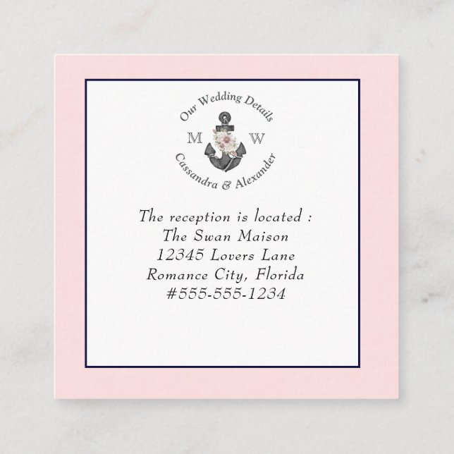 Carte D'accompagnement Détail Mariage nautique Ancre florale Marine rose (Dos)