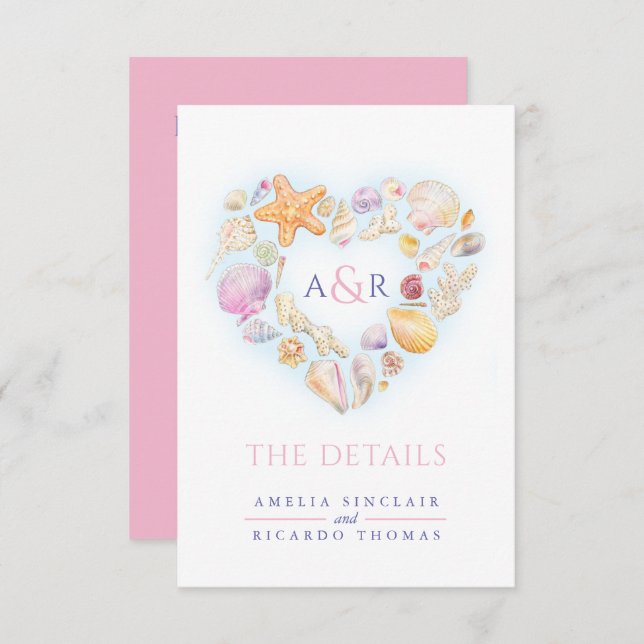 Carte D'accompagnement Détails changements coquilles coeur mariage (Devant / Derrière)