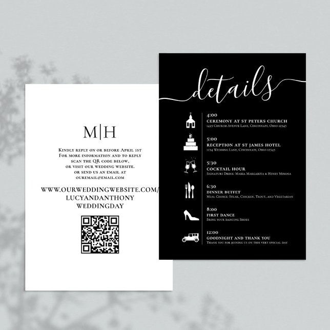 Carte D'accompagnement Détails Code QR - Chronologie du Mariage noir et b (Black and white wedding details enclosure card with QR Code timeline. )