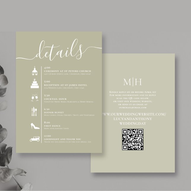 Carte D'accompagnement Détails Code QR Mariage Timeline Sage vert (Sage green wedding details enclosure card with QR Code timeline. )