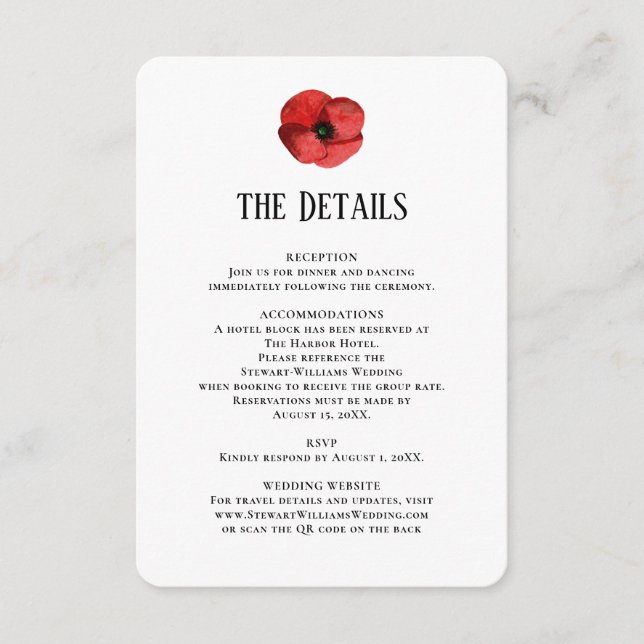 Carte D'accompagnement Détails Coquelicot Réception Information Mariage  (Devant)