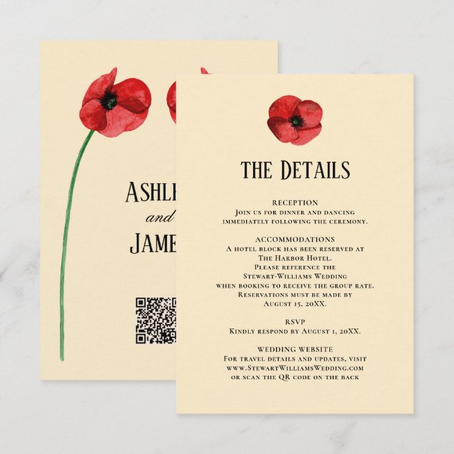 Carte D'accompagnement Détails Coquelicot Réception Information Mariage  (Devant / Derrière)
