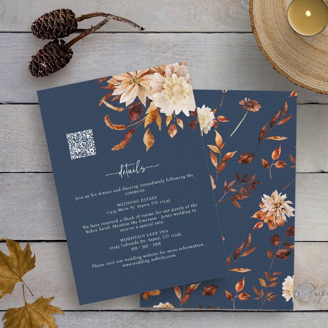 Carte D'accompagnement Détails d'automne de la marine (Watercolor Navy Blue Autumn Floral Details Enclosure Card with QR Code by Painted Paperie
)