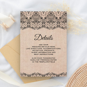 Carte D'accompagnement Détails de Burlap Rustique en Dentelle Noire Vinta