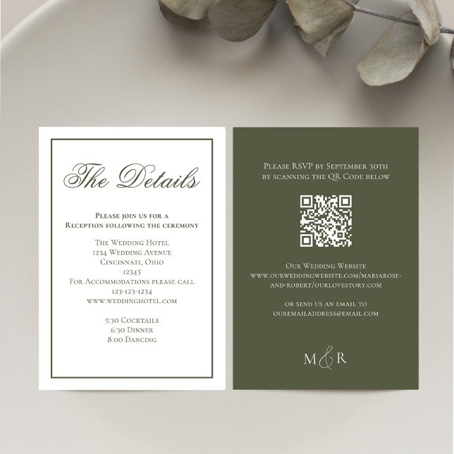 Carte D'accompagnement Détails de calligraphie verte élégante RSVP (Olive green wedding details card with scannable QR Code. )