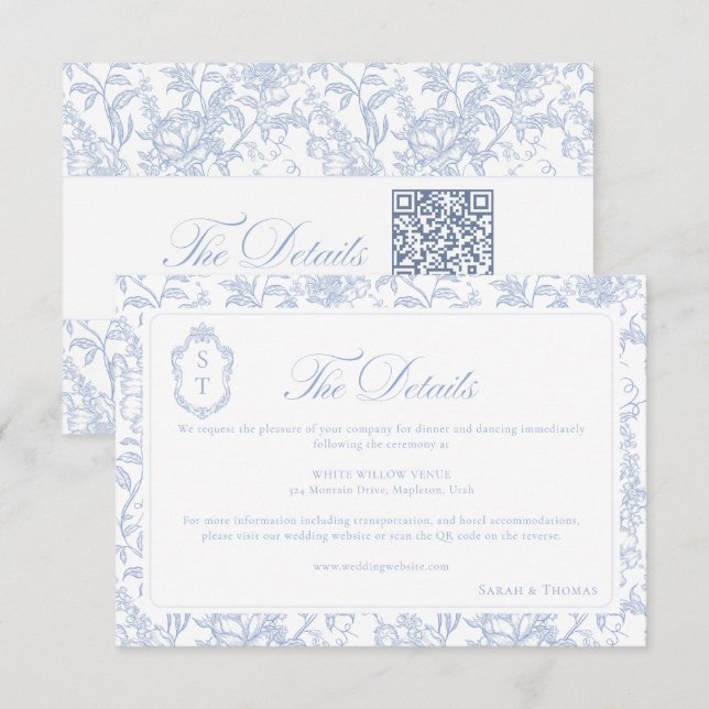 Carte D'accompagnement Détails de chinoiserie florale bleu doux Code QR (Devant / Derrière)