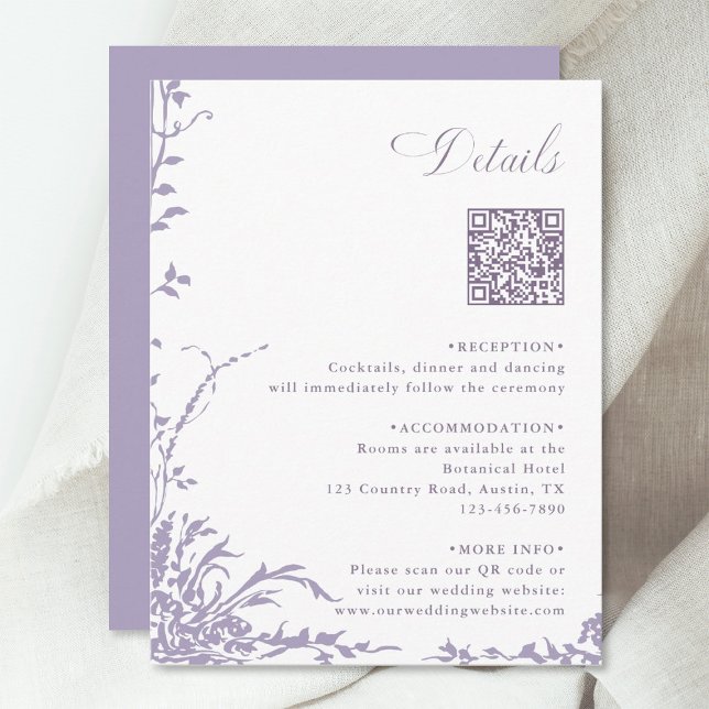 Carte D'accompagnement Détails de code QR de mariage botanique à la lavan (Créateur téléchargé)