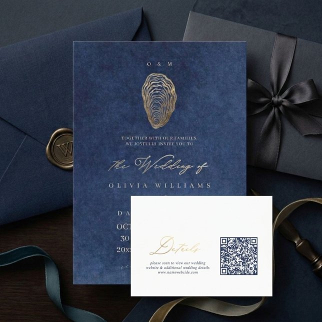 Carte D'accompagnement Détails de code QR de mariage nautique bleu élégan (Créateur téléchargé)