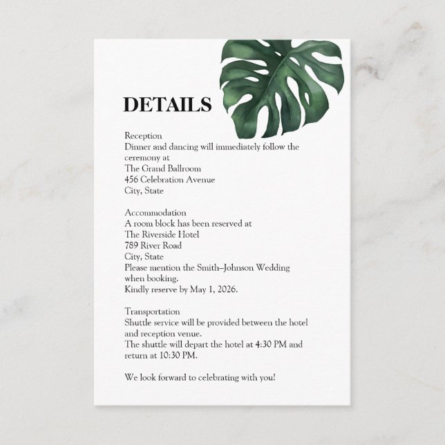 Carte D'accompagnement Détails de feuilles de palmier tropical vert (Devant)