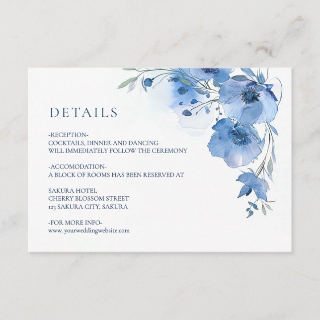 Carte D'accompagnement Détails de fleurs à l'aquarelle bleue (Devant)