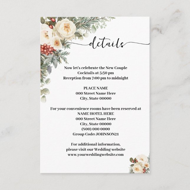 Carte D'accompagnement Détails de fleurs blanches d'hiver Mariage (Devant)