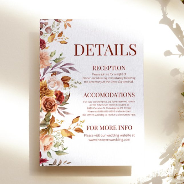 Carte D'accompagnement Détails de fleurs florales automne burgundy orange (Créateur téléchargé)