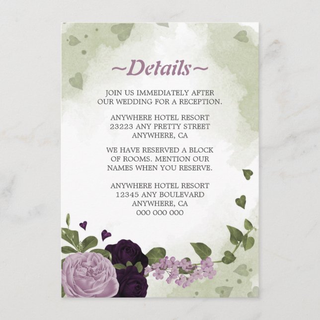 Carte D'accompagnement détails de fleurs violettes romantiques et de verd (Devant)
