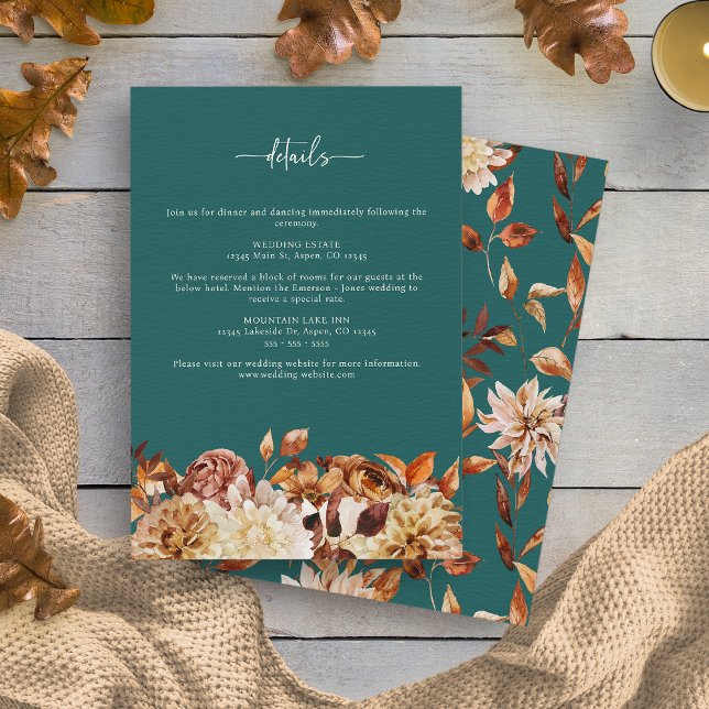 Carte D'accompagnement Détails de la chute de sarcelle (Teal Watercolor Fall Floral  Details Enclosure Card by Painted Paperie
)
