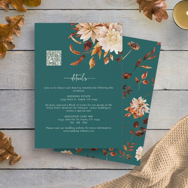 Carte D'accompagnement Détails de la chute de sarcelle (Teal Fall Leaves Decor Details Enclosure Card QR Code by Painted Paperie
)
