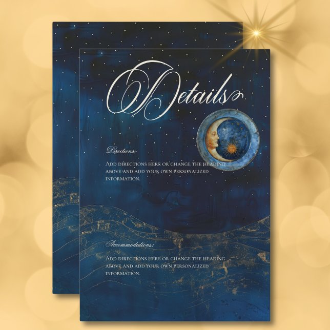 Carte D'accompagnement Détails de la lune de croissant bleu de minuit cél (Celestial Midnight Blue Crescent Moon Details Enclosure Card)