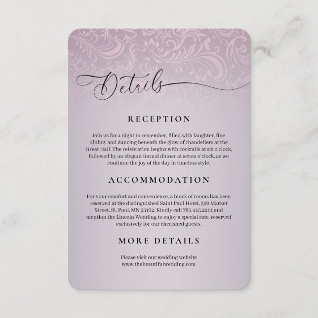 Carte D'accompagnement Détails de la réception de Mariage damassé rose (Devant)