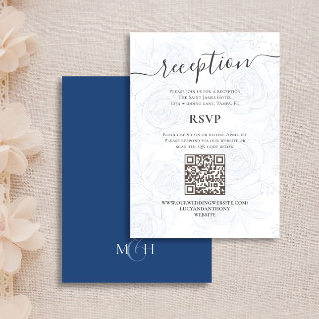 Carte D'accompagnement Détails de la réception de mariage floral bleu (Wedding Reception and RSVP enclosure card with a Scannable QR Code. )