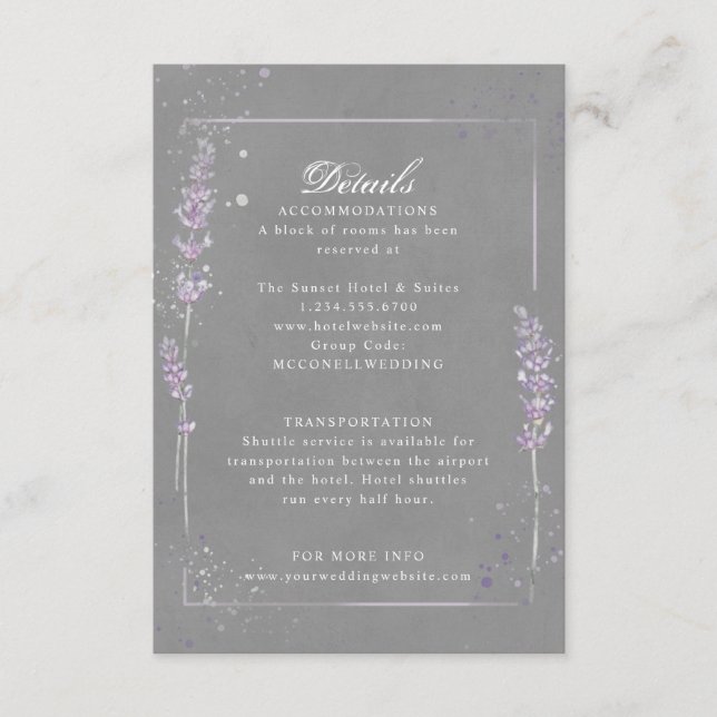Carte D'accompagnement Détails de la réception de mariage violet gris lav (Devant)