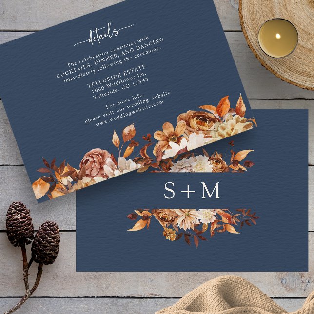 Carte D'accompagnement Détails de l'automne bleu marine (Navy Blue Autumn Details Enclosure Card Monogram on Back by Painted Paperie
)