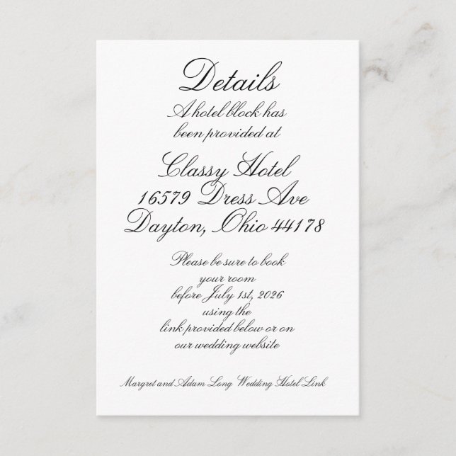 Carte D'accompagnement Détails de l'hôtel (Devant)