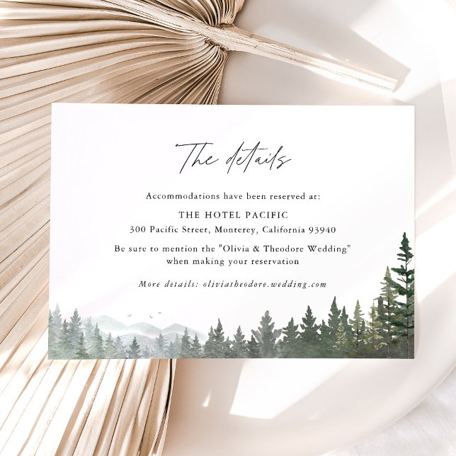 Carte D'accompagnement Détails de l'hôtel de mariage de la forêt de monta (Mountain forest wedding details card, sage green pine wedding stationery, neutral park hotel card)