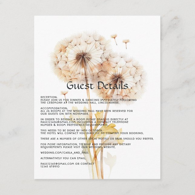 Carte D'accompagnement Détails de l'invité de mariage à l'aquarelle Dande (Devant)