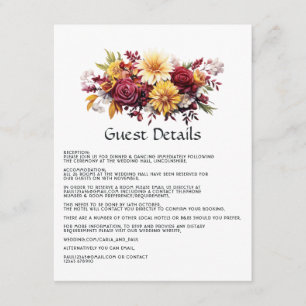 Carte D'accompagnement Détails de l'invité de mariage floral bordeaux et