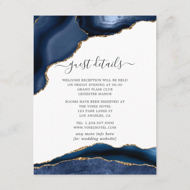 Carte D'accompagnement Détails de l'invité de mariage Navy et Agate Or (Devant)