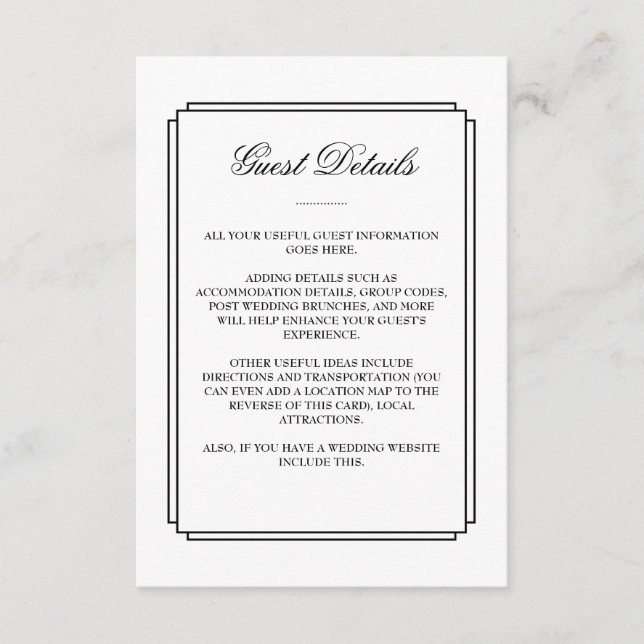 Carte D'accompagnement Détails de l'invité de mariage noir et blanc class (Devant)