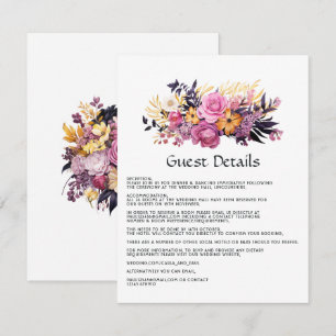 Carte D'accompagnement Détails de l'invité rose, violet, noir et or Flora