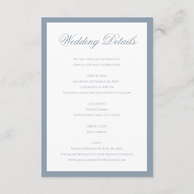 Carte D'accompagnement Détails de mariage à bordure bleue poussiéreuse cl (Devant)