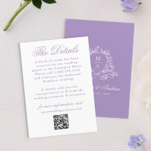 Carte D'accompagnement Détails de mariage à crête florale lavande élégant
