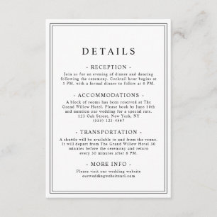 Carte D'accompagnement Détails de mariage à la typographie classique élég