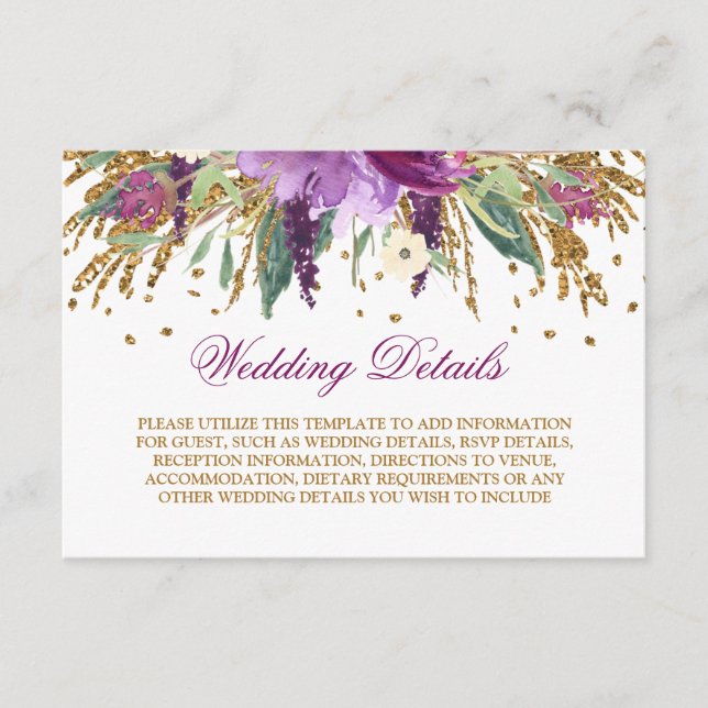 Carte D'accompagnement Détails de mariage à l'améthyste pailletée aquarel (Devant)