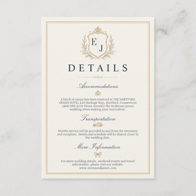 Carte D'accompagnement Détails de mariage à l'ancienne avec monogramme (Devant)