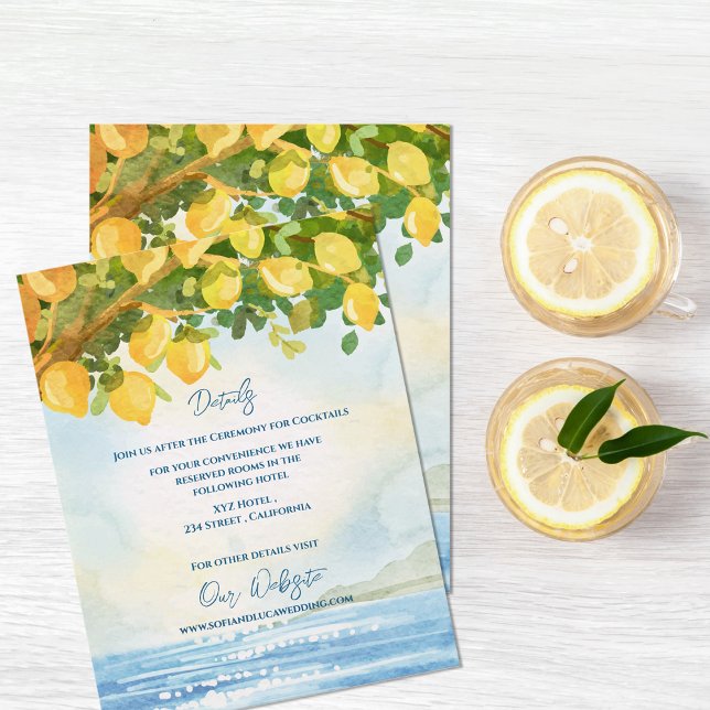 Carte D'accompagnement Détails de mariage à l'aquarelle de citron méditer (Mediterranean Lemon Watercolor Wedding Details Enclosure Card)