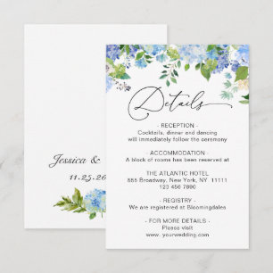 Carte D'accompagnement Détails de mariage à l'aquarelle d'hortensia bleu