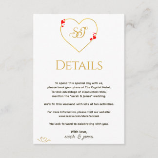 Carte D'accompagnement Détails de mariage à monogramme doré et cœurs roug