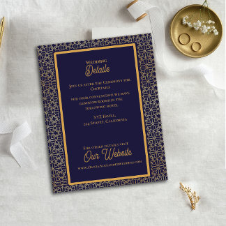 Carte D'accompagnement Détails de mariage à motif complexe bleu or