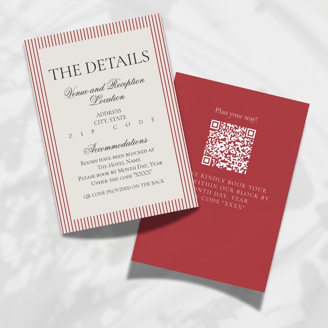 Carte D'accompagnement Détails de mariage à rayures rouges de style Old M (Formally invite guests to your big day with this Old Money Script Thin Stripe Wedding Details Card!)