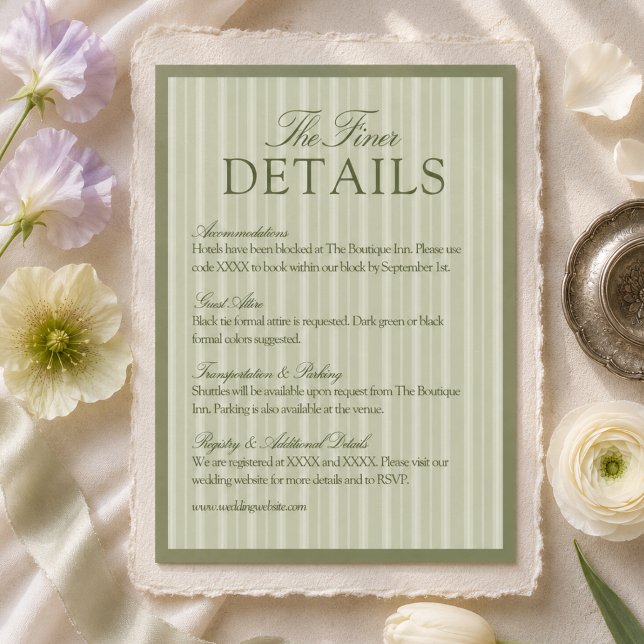 Carte D'accompagnement Détails de mariage à rayures vert sauge (Sage Green Stripe Wedding Details Enclosure Card)