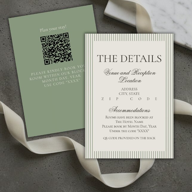 Carte D'accompagnement Détails de mariage à rayures vertes avec écriture  (Old Money Script Green Stripe Wedding Details Enclosure Card)