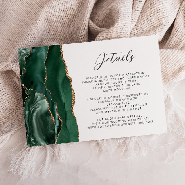 Carte D'accompagnement Détails de mariage Agate Émeraude Vert Or Script (Créateur téléchargé)