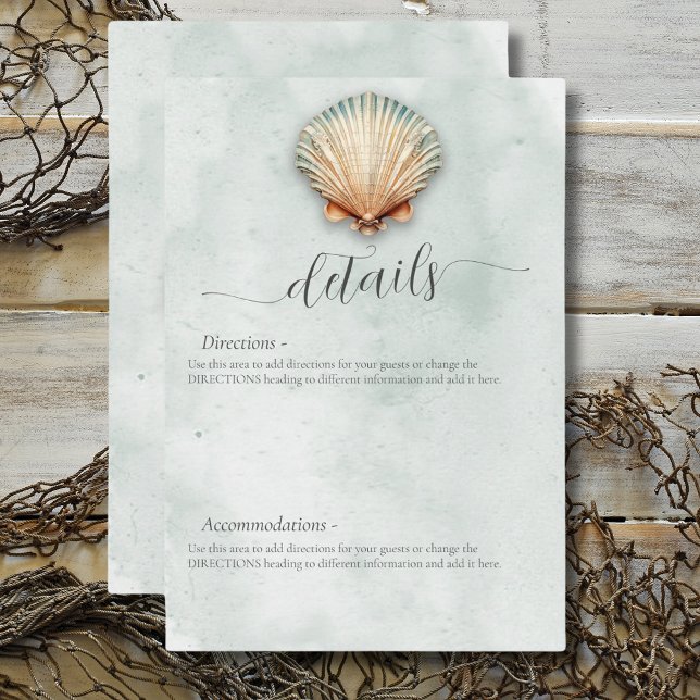 Carte D'accompagnement Détails de mariage aqua de coquillages de mer côti (Modern Coastal Seashell Aqua Wedding Details Enclosure Card)