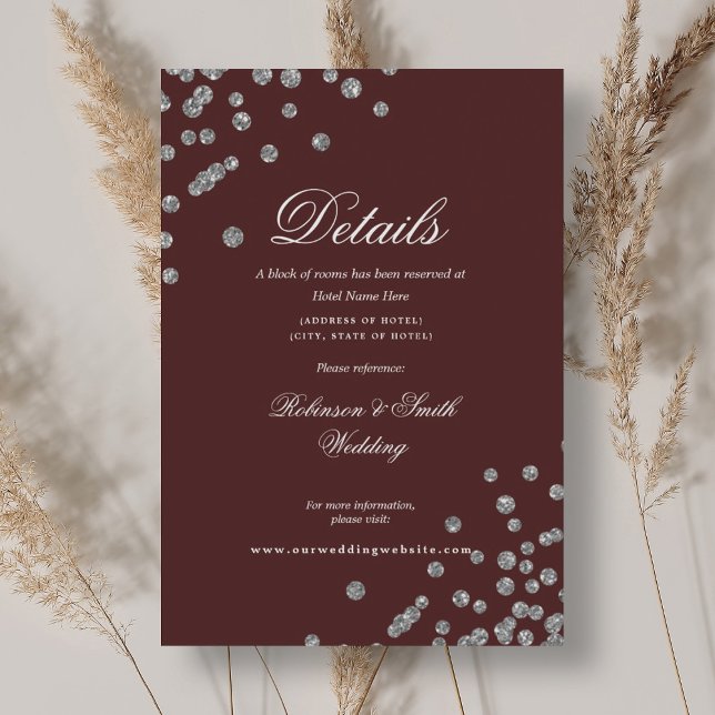 Carte D'accompagnement Détails de mariage argent confettis romantiques Bo (Romantic Silver Confetti Wedding Details Burgundy Enclosure Card)