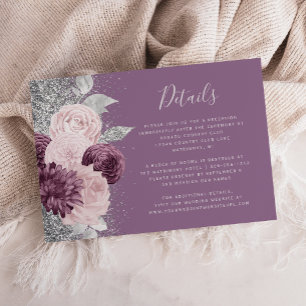 Carte D'accompagnement Détails de mariage argenté Mauve Floral Blush