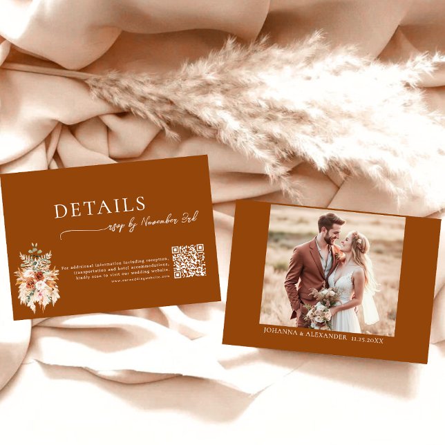 Carte D'accompagnement Détails de mariage au code QR Boho en terre cuite  (Créateur téléchargé)