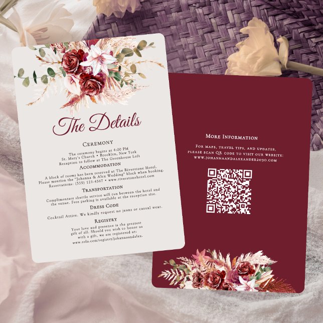 Carte D'accompagnement Détails de mariage au code QR romantique Bourgogne (Créateur téléchargé)