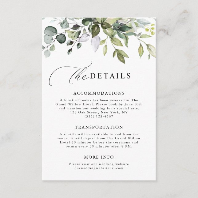 Carte D'accompagnement Détails de mariage au eucalyptus avec écriture mod (Devant)
